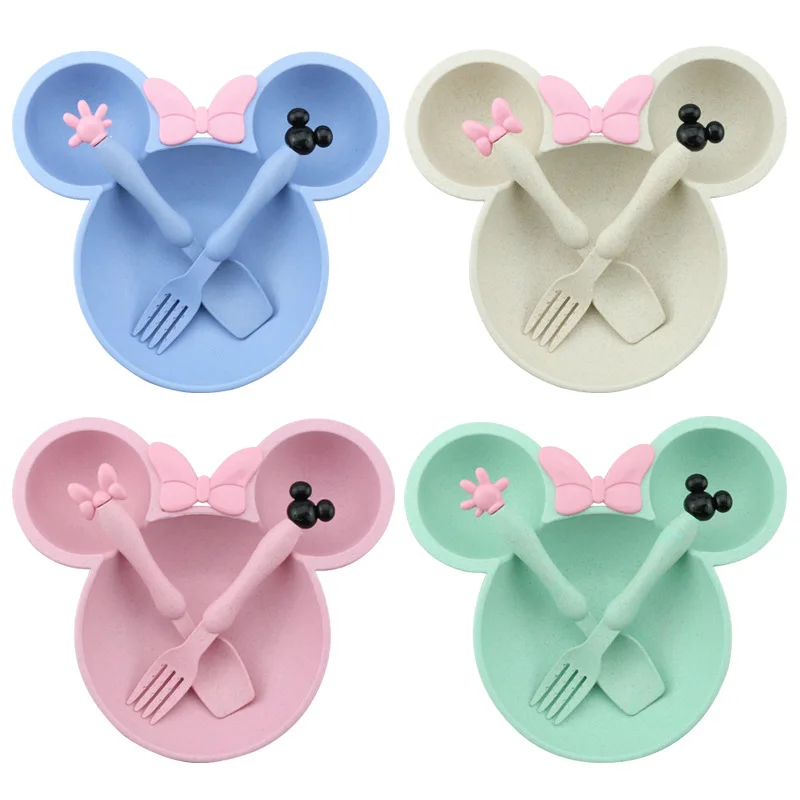 

WHY08 3PCS SET Cartoon Wheat Straw Children's Dinner Plate Bowl Fork Spoon Set Separate Cartoon Children's Tableware, Mix color