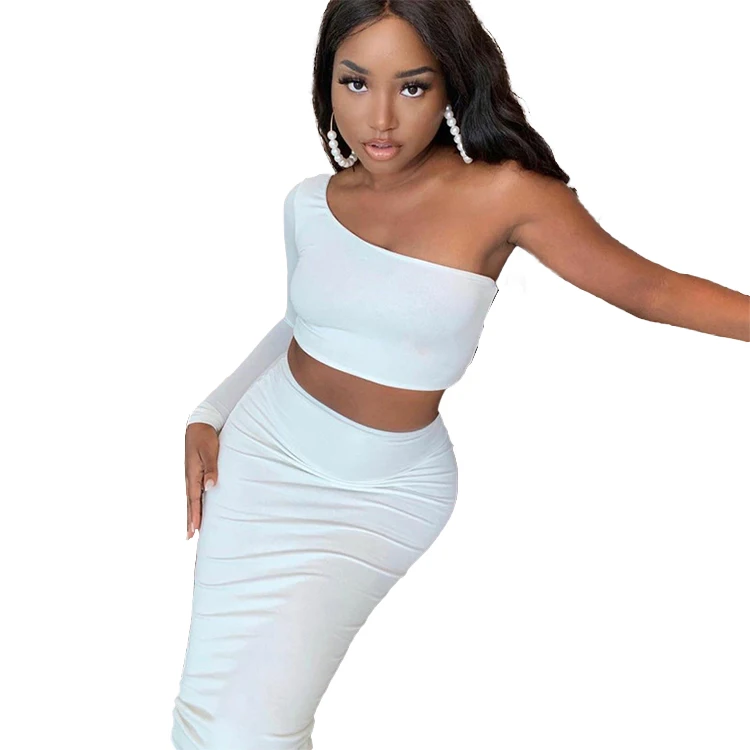 

The new one shoulder crop short top covering hips fashion white casual slim women two piece outfits skirt sets