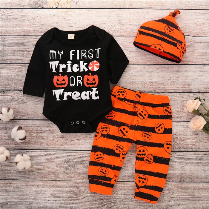 3PCS Baby Boys' Outfit Set Halloween Pumpkin Costume Long Sleeve Romper
