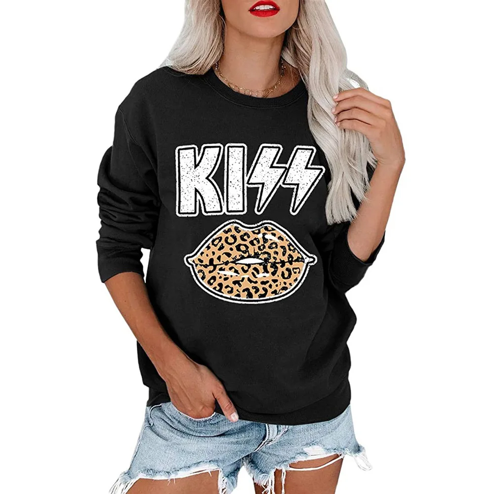 

Custom Women KISS Lip Print Long Sleeved Round Neck Sweatshirt, As picture