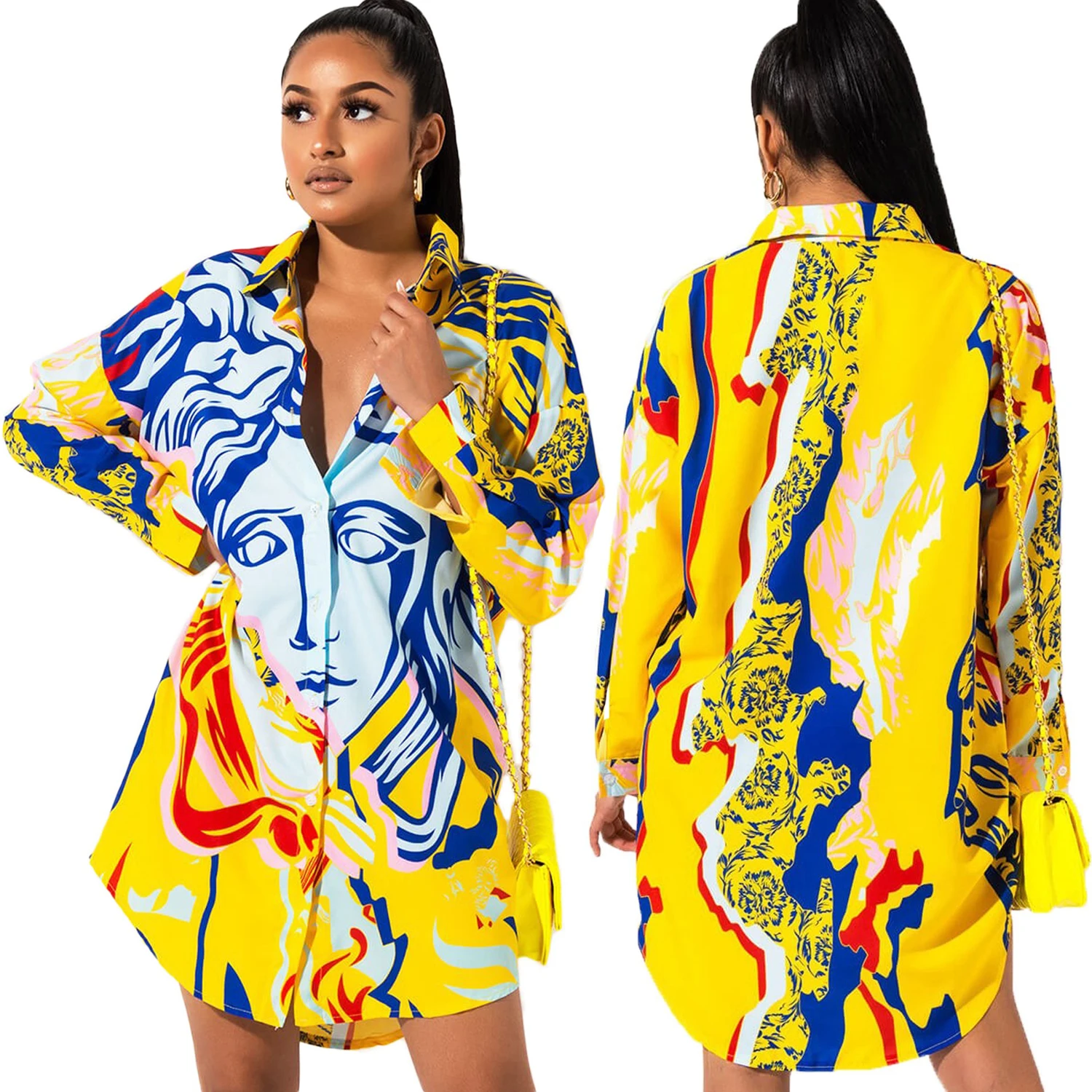 

Foma-SMR9784 season best sell summer shirt dress 2020 women clothing multicolor print long sleeve t shirt dress