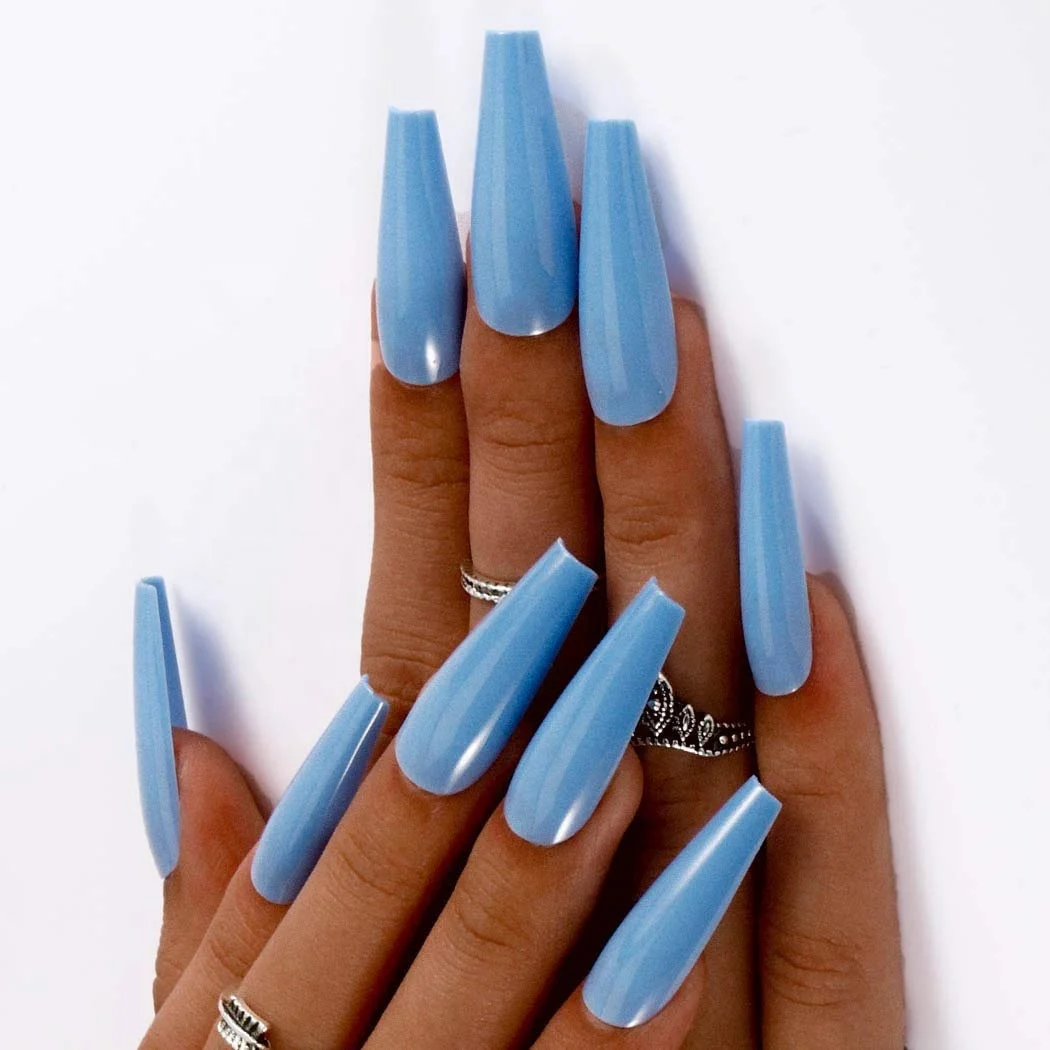 

Custom Super Long Fake Nails Coffin Blue Glossy Press on Nails Ballerina Acrylic False Nails Tips Party Prom for girls, Natural,multi-color,customized color