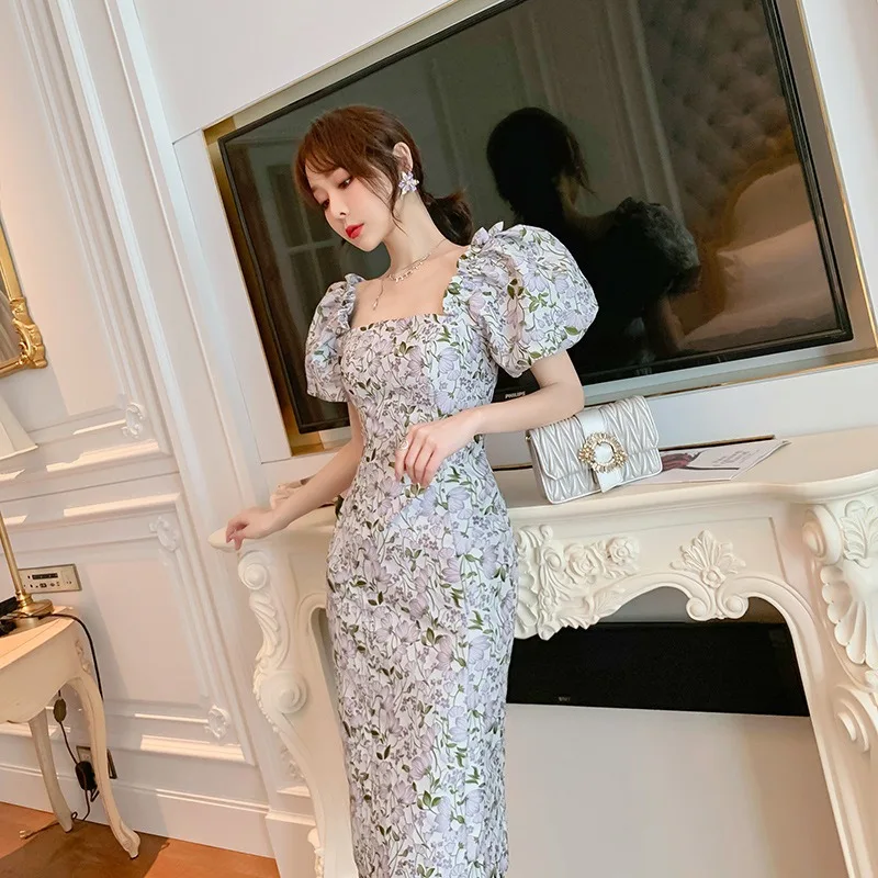 

2021 summer new women's elegant three dimensional jacquard slim slimming puff sleeve Evening Dress