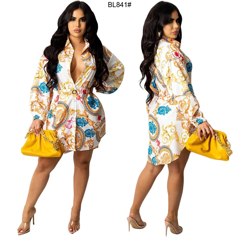 

European and American cross-border new women's fashion 2021 casual print shirt dress with belt