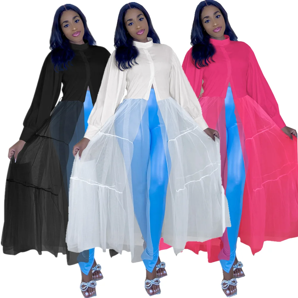 

Women's Pleated Long Sleeve Blouse Party Cocktail Long Maxi Button Shirt A-Line Patchwork Mesh Dress Plus Size 4Xl
