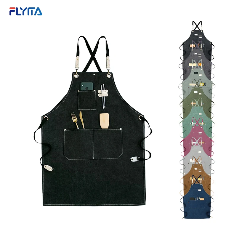 

Cooking multupoket pinafore canvas 100% cotton garden leather straps custom logo salon coffee apron waterproof kitchen aprons, Customized color