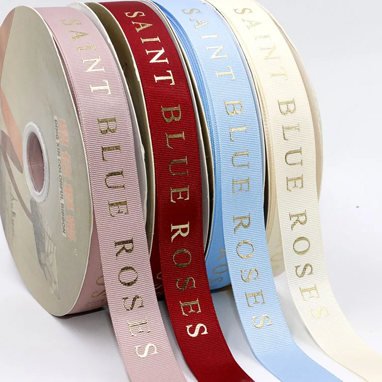 

Customized brand name artwork gold foil ribbon 1 inch printed grosgrain ribbon with logo, 196 colors