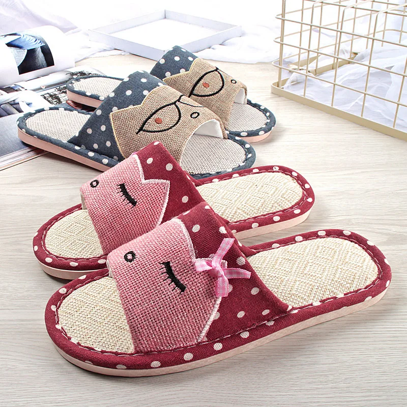 

Four Seasons Women's And Men's Sandals Linen Home Slide Slippers Wood Floor Couples Non-Slip Cat Home Cotton Indoor