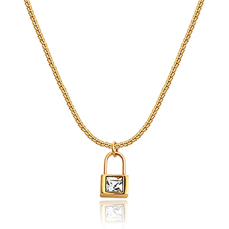 

Charare 14k gold plated stainless steel zircon lock pendant necklace accessories