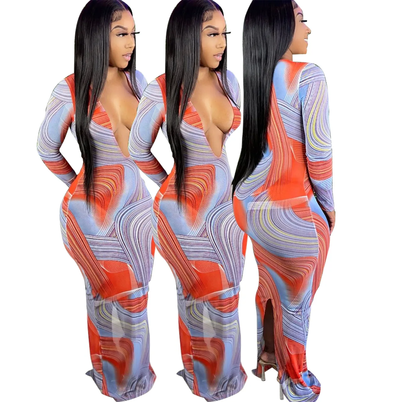 

Womens Luxury Clothing 2021 Custom Logo Colorful Print Dresses Women Split Ropa Sexy De Mujer Deep V-neck Long Women Dress, Picture