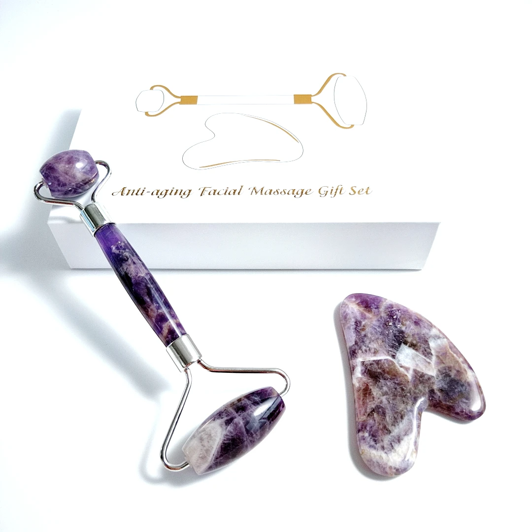 

High quality cheap facial massager amethyst gua sha tool set jade roller, Purple roller gua sha set