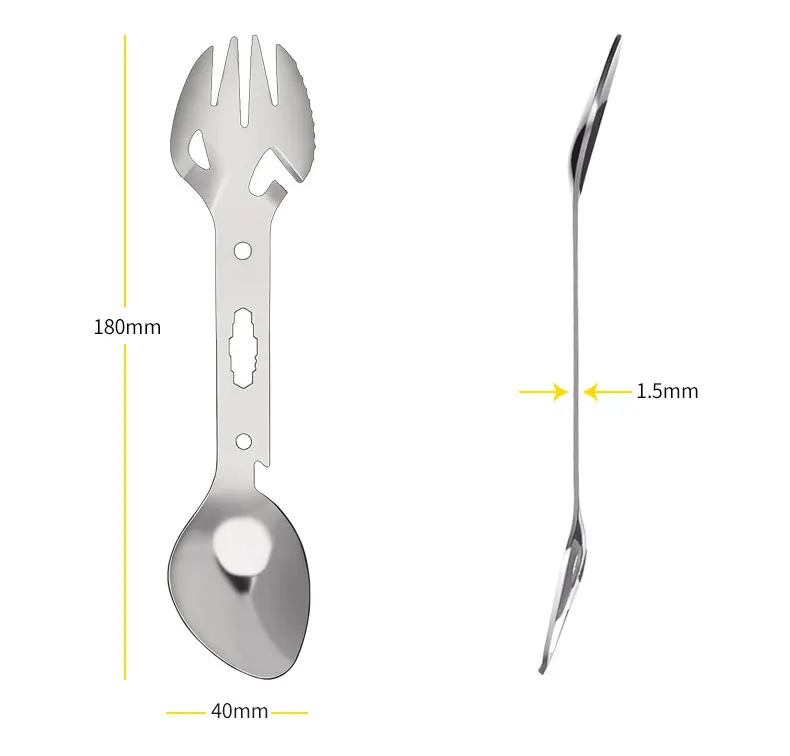 

5 In 1 Multi-Functional Fork Spoon Wrench Stainless Steel Camping Survival Kit Practical Fork Knife Spoon Bottle Can Opener