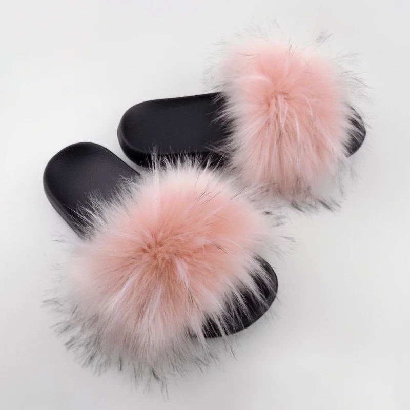 

Designer Plush Fluffy Ball Fur Sandals Furry Faux Fur Flip Flops Beach Slippers Slides For Women