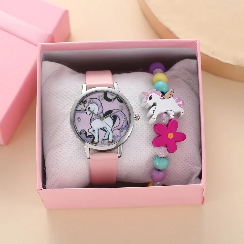 

2021New children's cute cartoon animal dial belt quartz watch flower bracelet student set, As pic