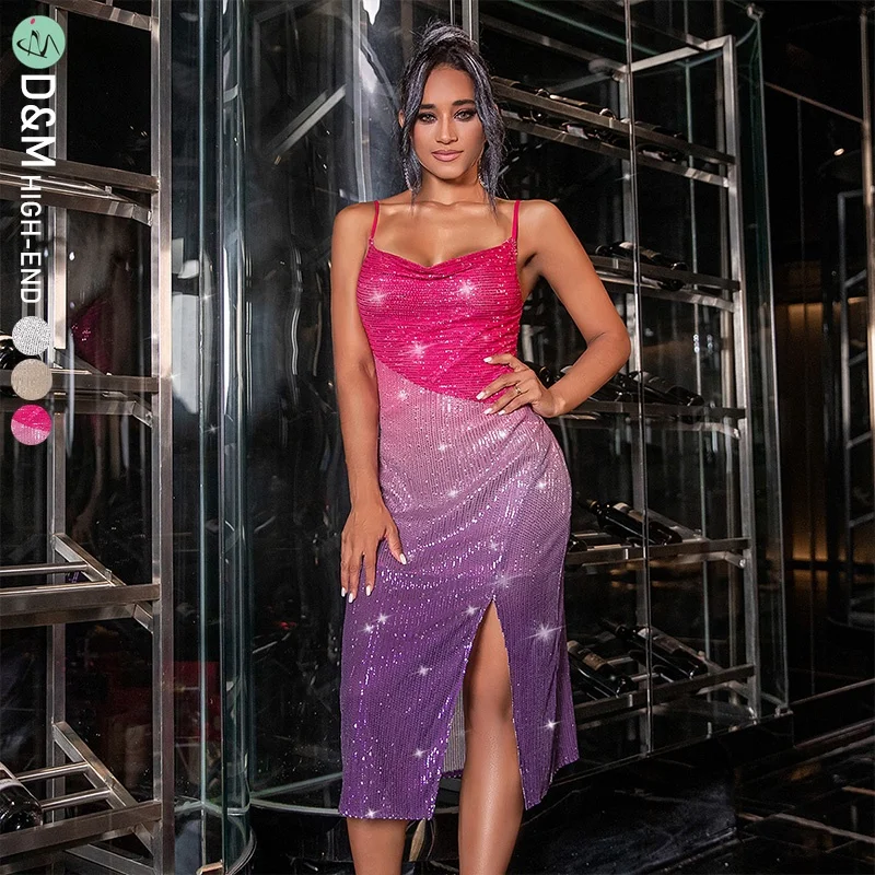 

D&M Contrast Color Sequin Sexy Stylish Woman Dress Fashion Backless Side Split Prom Elegant Dress Long Woman Party Club Dresses, Picture color