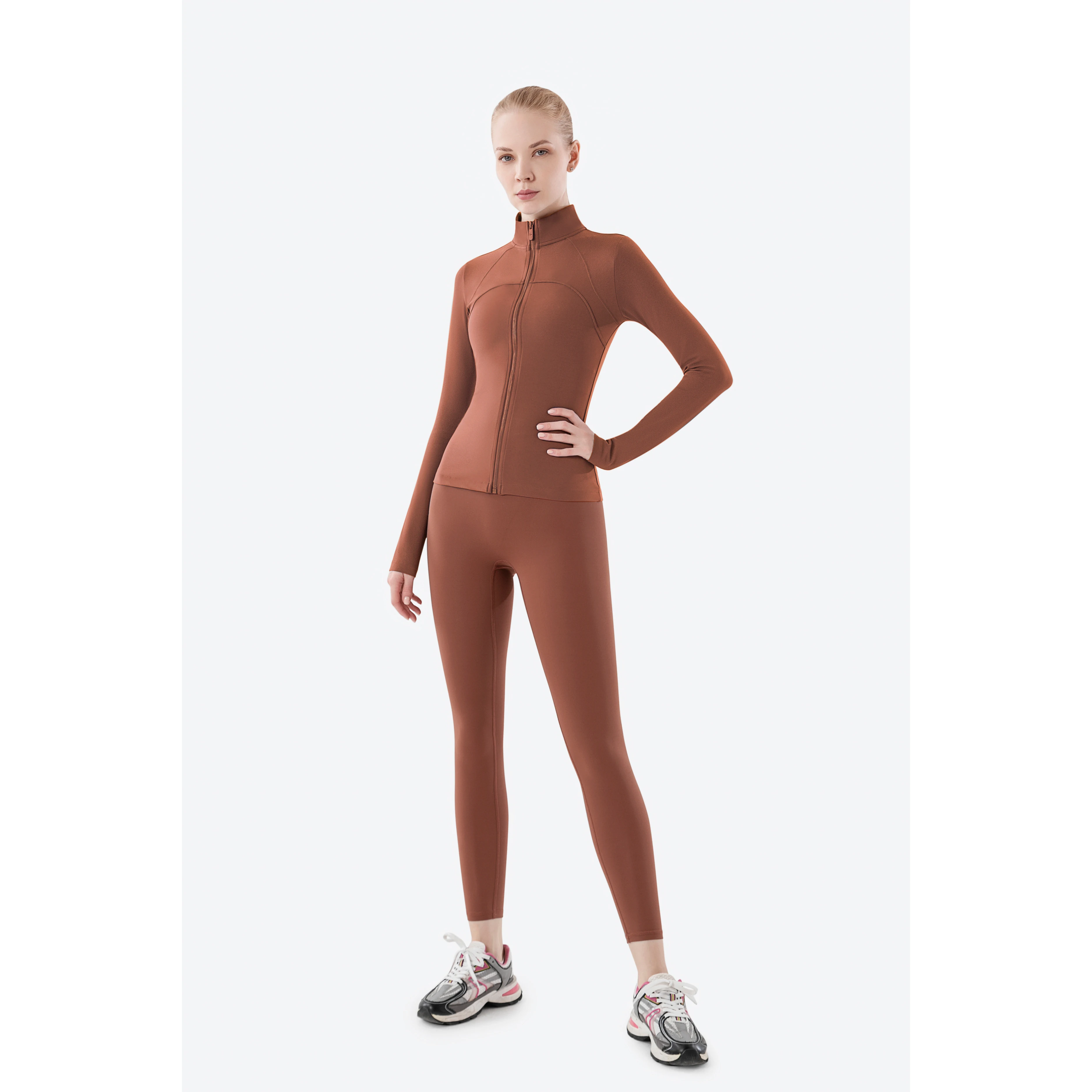 

2021 New Slim Nude Soft Feel 75 Nylon 25 Spandex Two Piece Active Women Autumn Winter Yoga Fitness Gym Leggings Set with Jacket, 6 colors