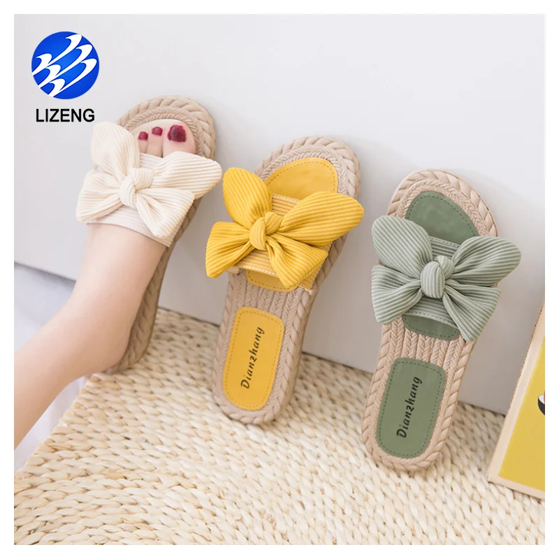 

Womens Cozy Indoor Cotton Flax Home Slippers Non-Slip Casual Sandals With Bow Tie, Yellow green ivory