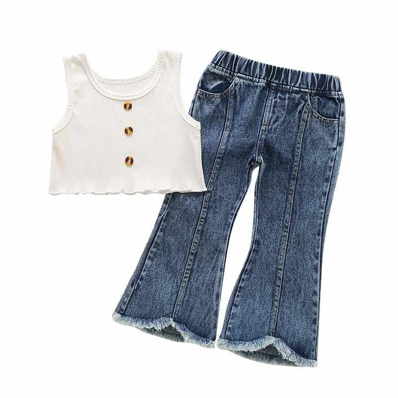 

Kids 2 Pcs Clothes Outfits Summer Girl Denim Bell Bottom Pant Set