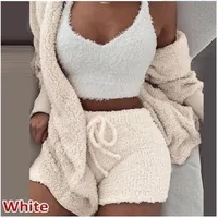 

Ecoparty Fashion Women Winter Sleepwear Pajama Sets Solid Plush Hooded Vest+Robe + Shorts Sleepwear 3PCS