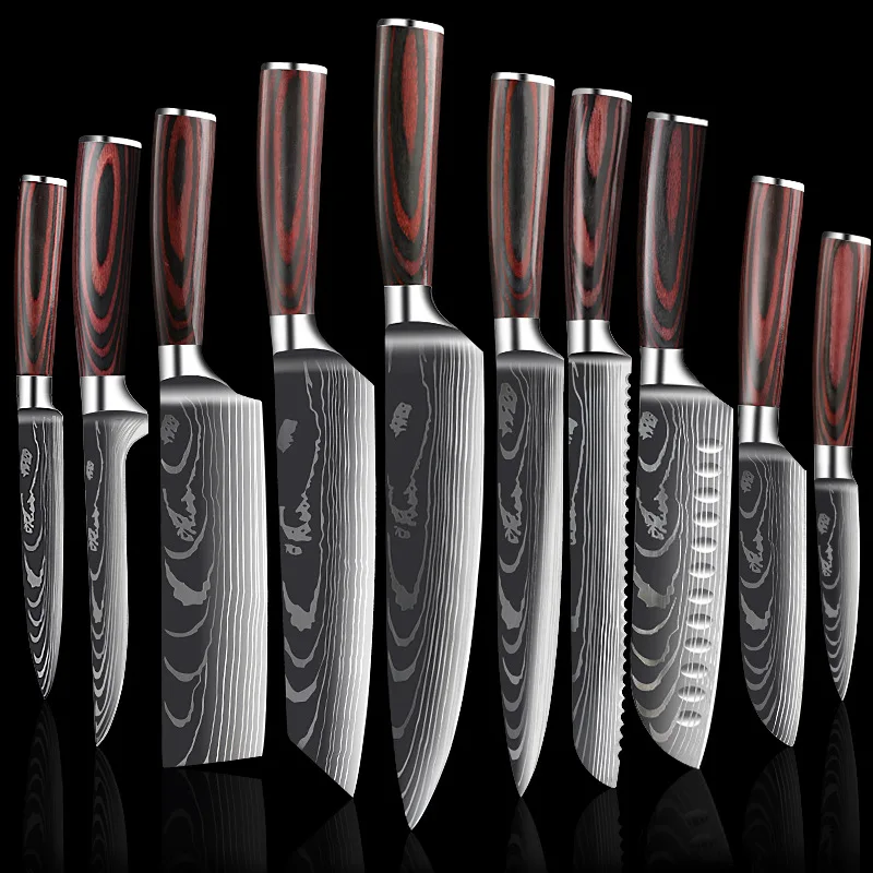 

Wood Handle Laser Engraving Damascus Texture 7Cr17 High Carbon Steel Kitchen Chef Cleaver Knifes Set Japanese Knife Set