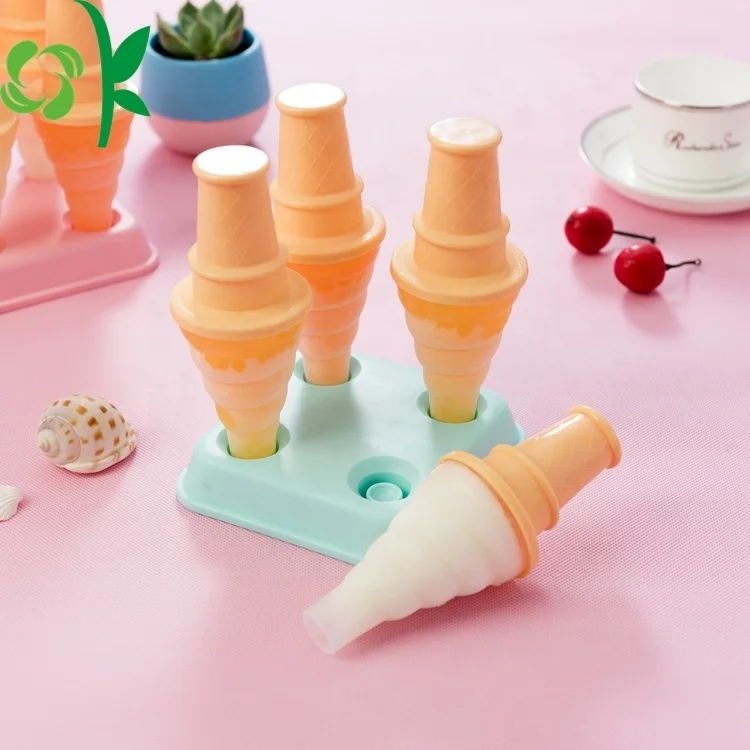 

OKSILICONE Cone Shape Silicone Ice Cream Popsicle Tray Mold For DIY Homemade Ice Pops Cream With Cartoon 4 Cavity Holder Mold, Pink/blue/customized