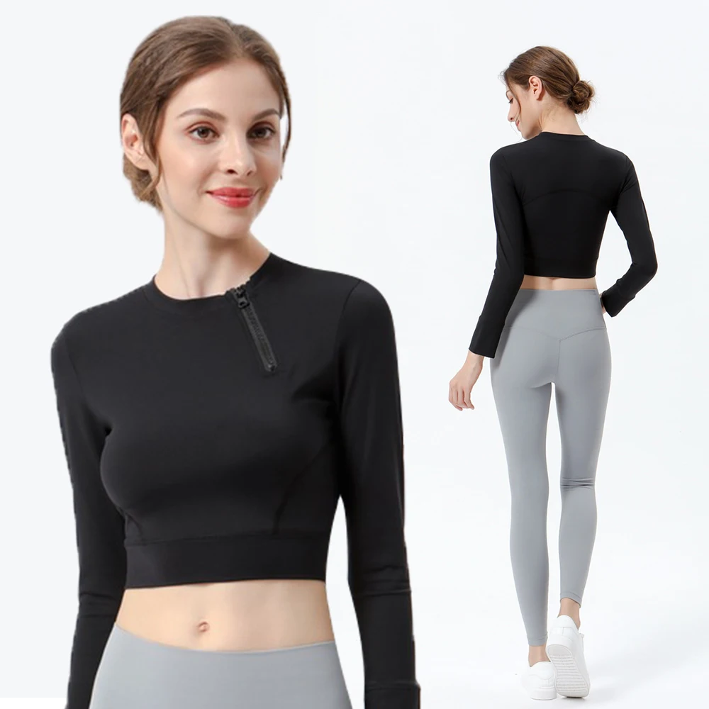 Sodalemon Solid Oblique Half Zip Long Sleeve Shirt Yoga Top Long Sleeved Yoga Clothes