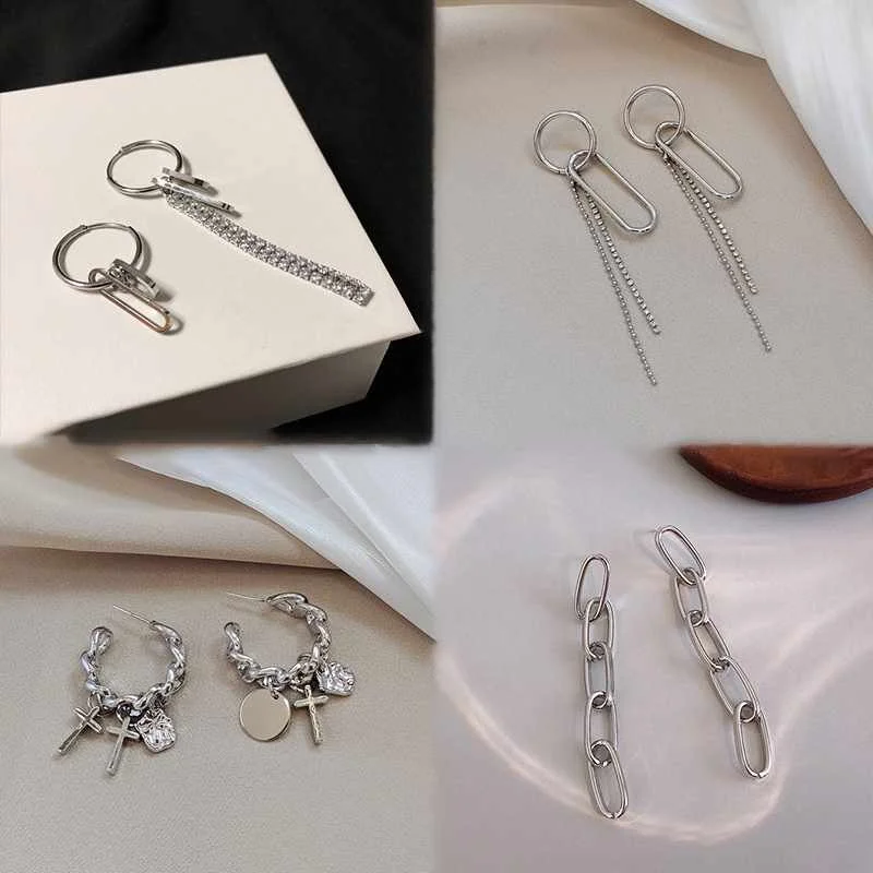 

Trendy Asymmetric Steel Color Cross Dangle Earrings Geometric 925 Needle Earrings for Women 2021 Party Jewelry, Gold