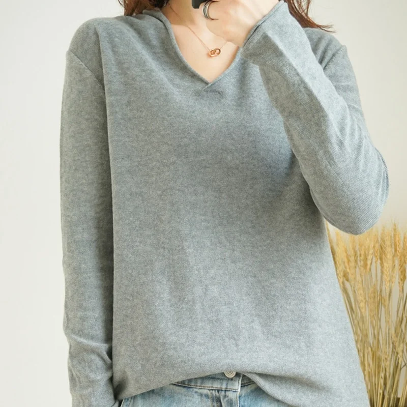 

Fashion 2020 New Women's Knitwear Plus Size Soft Loose Sweaters V-neck Crimping Edging Solid Color Women's Sweater Pullover, Solid color as shown