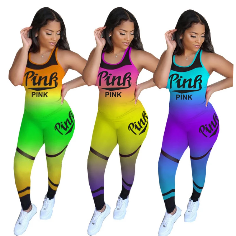 

2021 summer hot selling sexy women's wear gradual change sports leisure suit letter vest Yoga suit fashion two piece set, Picture