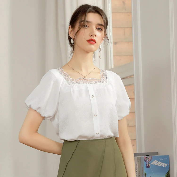 

New Fashion White Chiffon Square Collar Office Button Down Short Sleeve Summer Women Ladies' Blouses & Tops