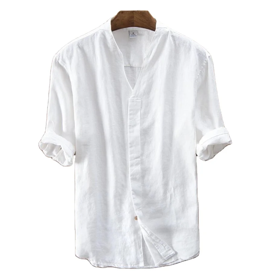 

Mens Mandarin Collar 100% Linen Latest Design Half Sleeve Shirt, White/khaki/navy