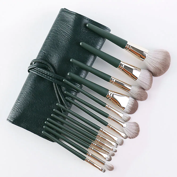 

fashion luxury glitter make up brush bling green professional 14pcs makeup brushes set with TPU laser bag private label