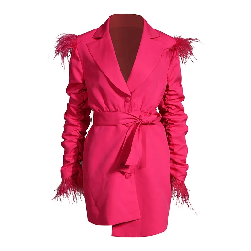 

High Quality Feather Wild Fur Trim Waist Irregular Coats And Blazers Lapel Suit Blazer Dress Women, Black/white/rosered