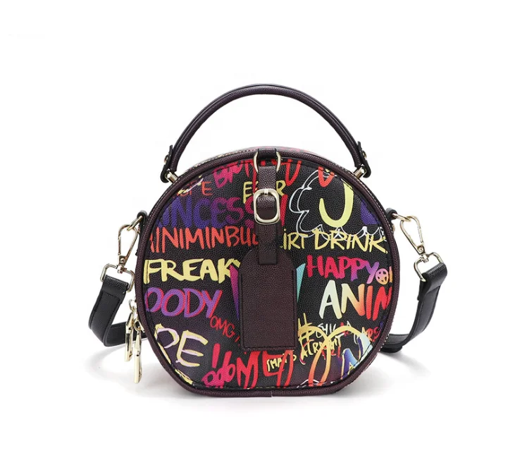 

Ladies Fashion Round Crossbody Cute Leather Bag Graffiti Bag Purse