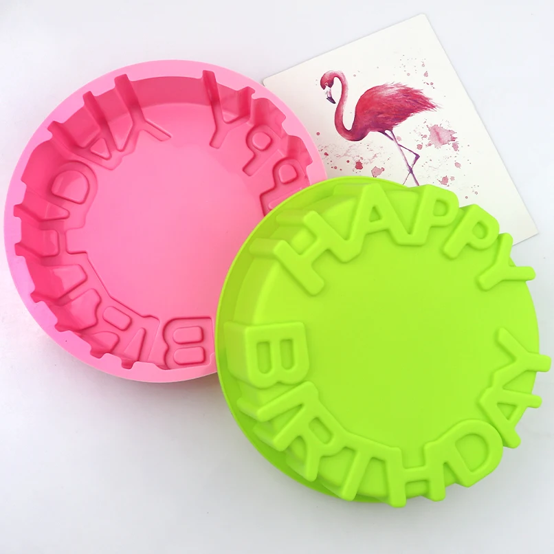 

500 factory free sample round shape with happy birthday word silicone cake mold, cake baking pan , silicon cake mold, As stock