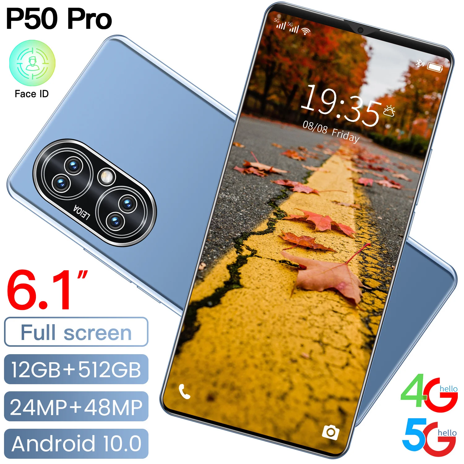 

P50 PRO 6.1inch Big Screen Cellphone 12+512GB Dual SIM Card Dual Standby Smartphone Face Recognition Mobile Phone, Black/grey/orange