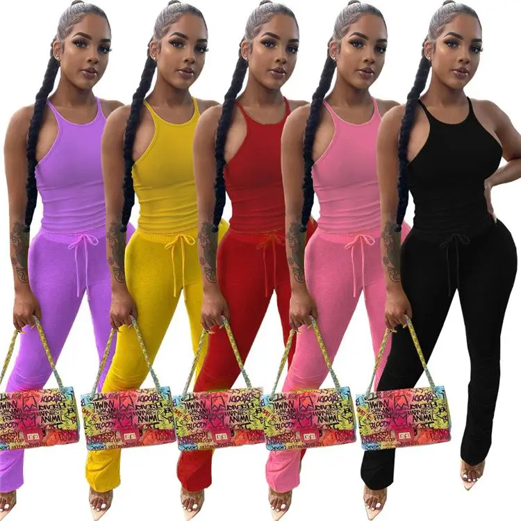 

MOEN Whole Colored wanita set Casual Sport Long Pants Sleeveless New Arrival 2021 Two Piece Set Women