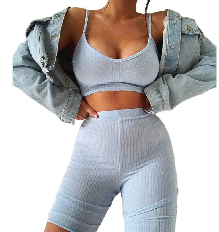 

2021 High quality sweatsuit ribbed women casual yoga sports wear bra and joggers sets for woman