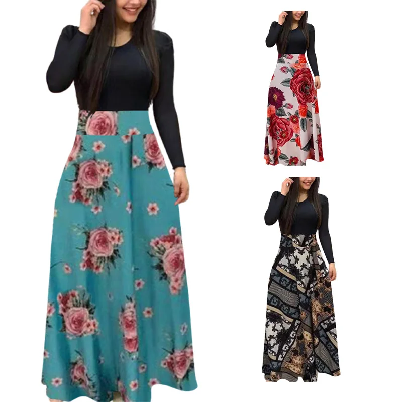 

2020 fashion European and American style flower print color matching long sleeve women dress