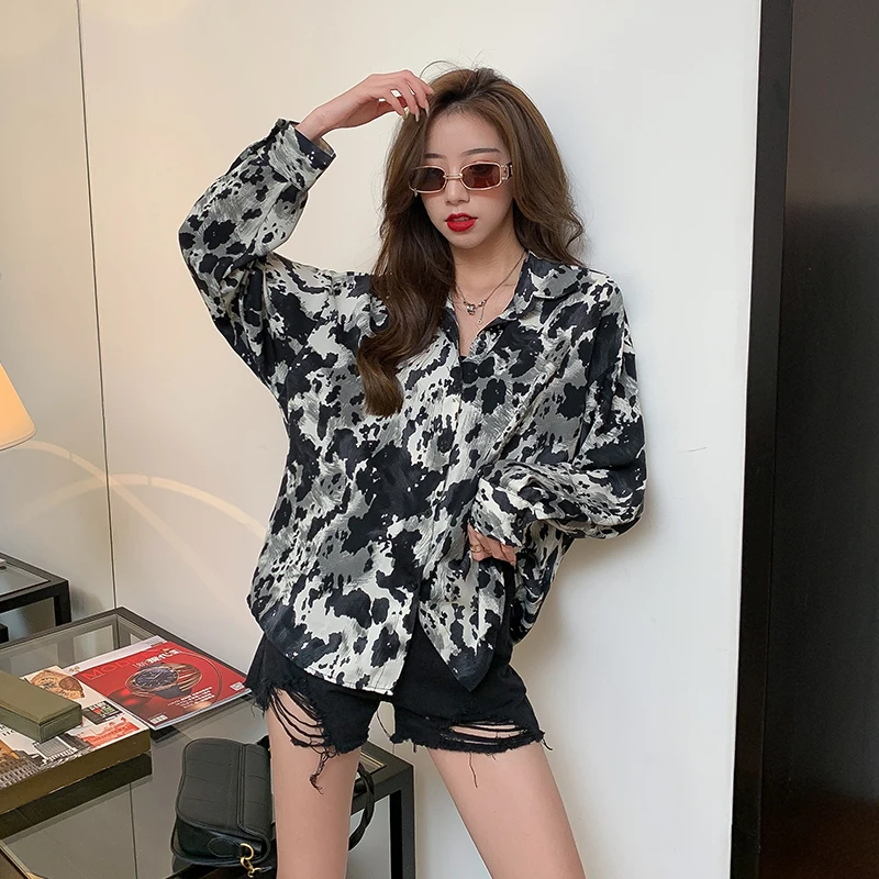 

New Retro Flavor Lazy Wind Loose Ink Black White Printing Tie-dye Drape Long-sleeved Chiffon Shirt, White,gray,red,apricot