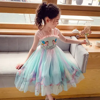

New fashion Girls summer sleeveless solid tulle rainbow unicorn princess dress clothing for kids, Picture shows