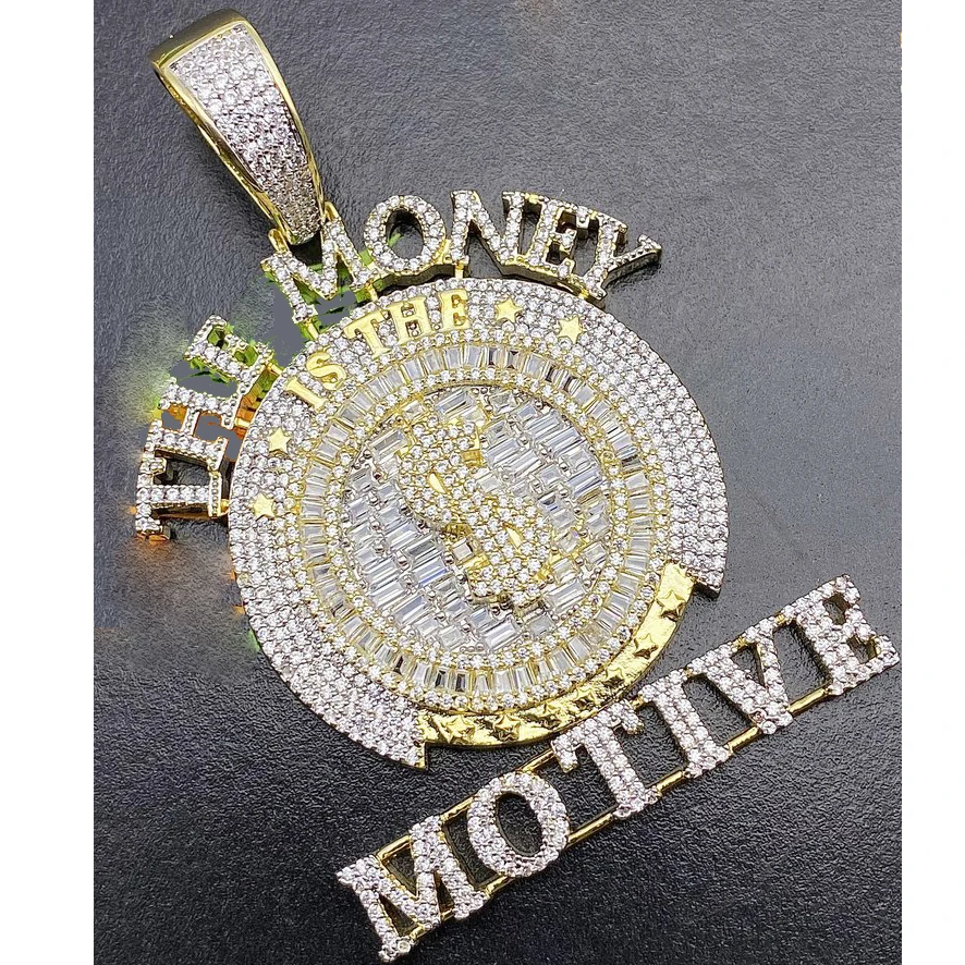 

iced out bling full diamond hip hop men boy jewelry micro pave cz letter the money motive pendant necklace