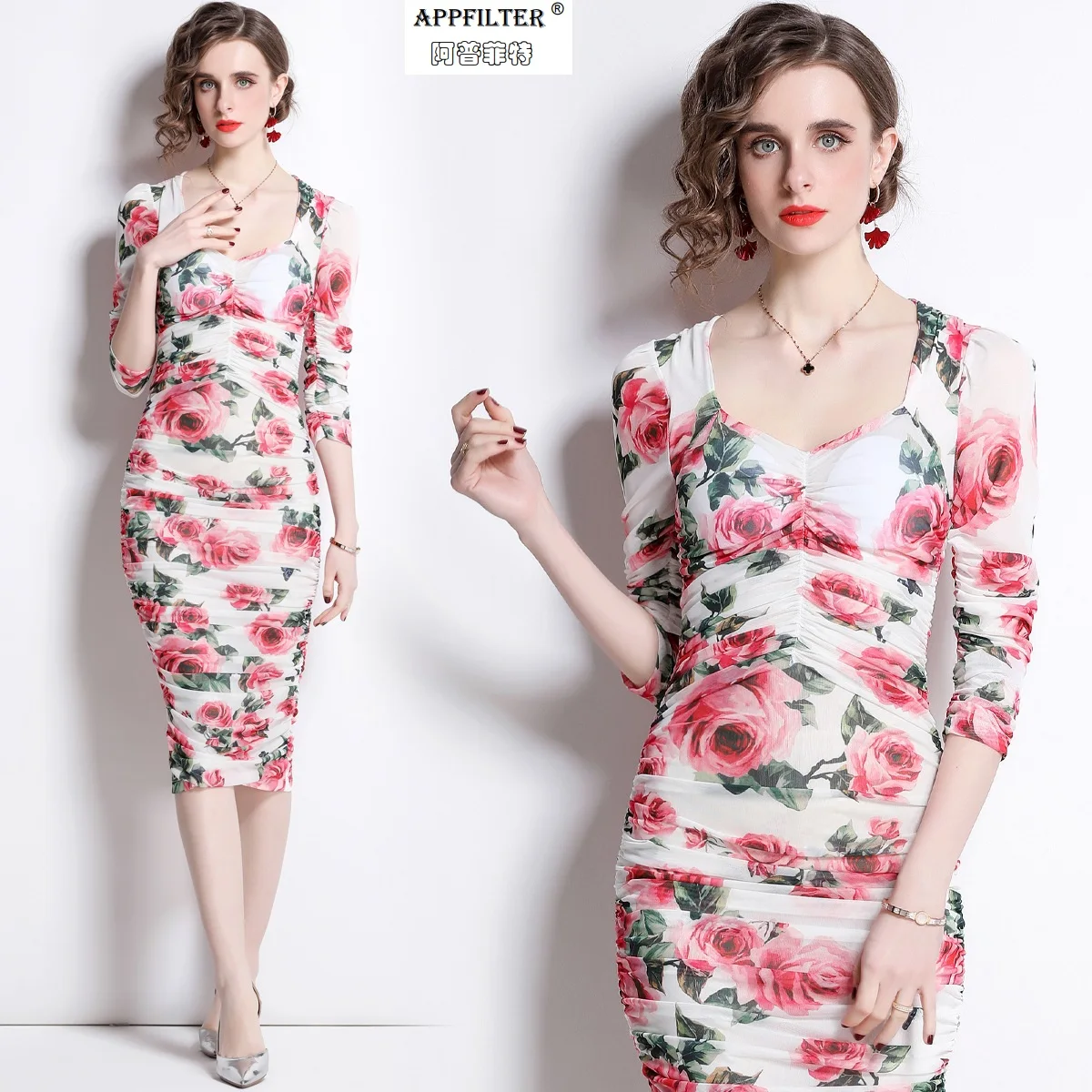 

2022 New Woman Clothes Ruffles Floral Lapel Middle Sleeve Mid-Length Temperament Casual Spot Apparel Elegant Casual Hip Dresses