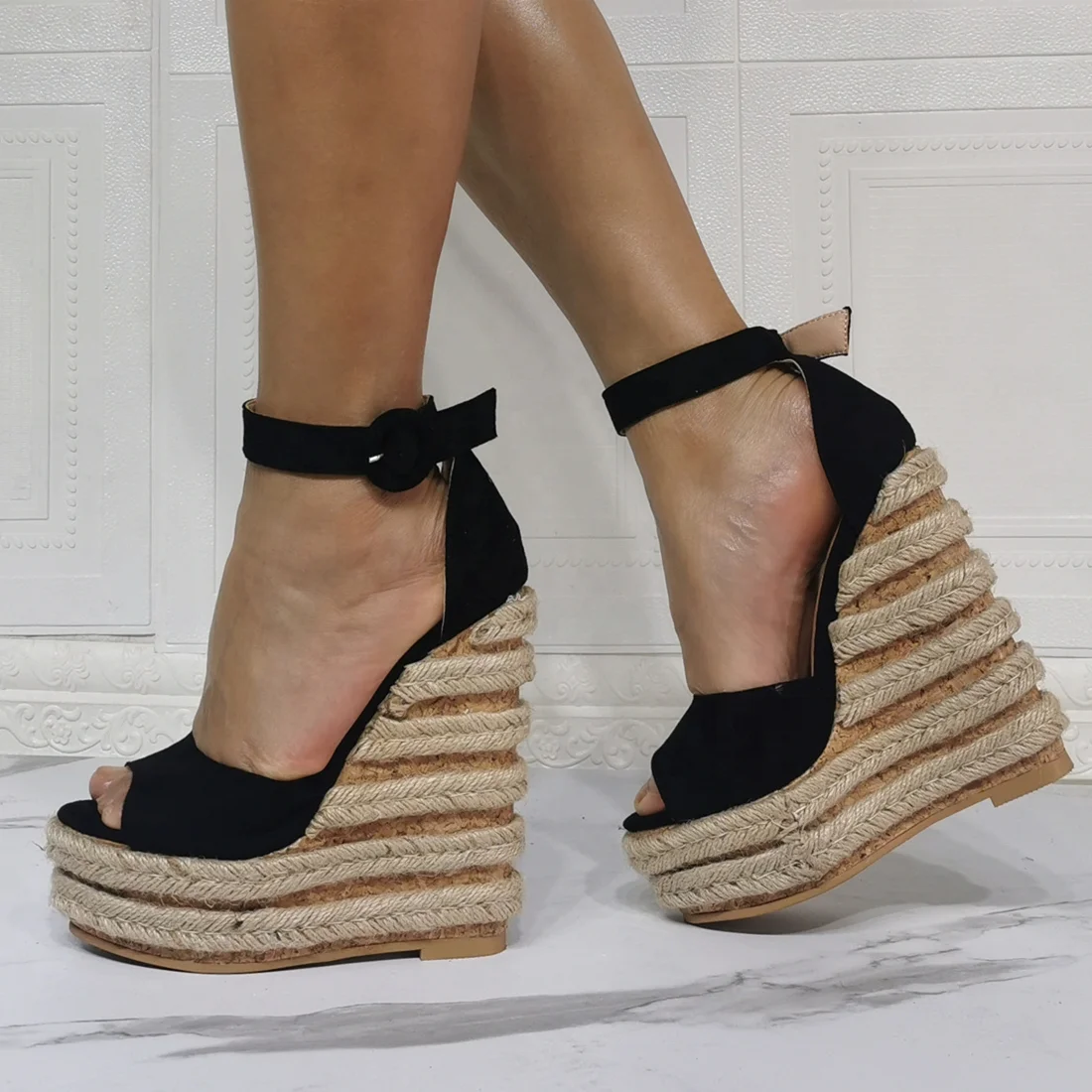 

2021 New Handmade Knitted High Platform Women's Shoes black Ankle Strap shoes Large Size 47 Summer waterproof Sandals