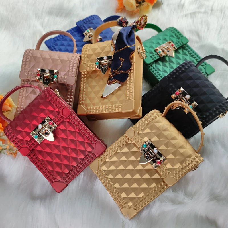 

2021 Fashion Mini Square Telephone Bags Women Handbags Luxury Crossbody Rivet PVC Jelly Rivet Purse for Women, 6 colors