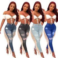 

Women's High Waist tassel jeans trousers hole Out Nightclub 2019 Latest Design Pencil Pants