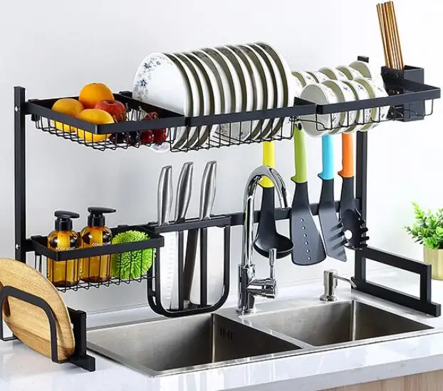 

Multifunctional 2-Tier Stainless Steel Drainer hanging Dish Rack With Utensils Holder over the kitchen Sink dish drainer rack, Black
