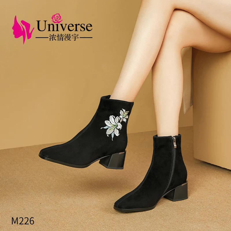 

M226 Fashion New Black Winter Kid Suede Square Heel Round Toe Women Winter Boots