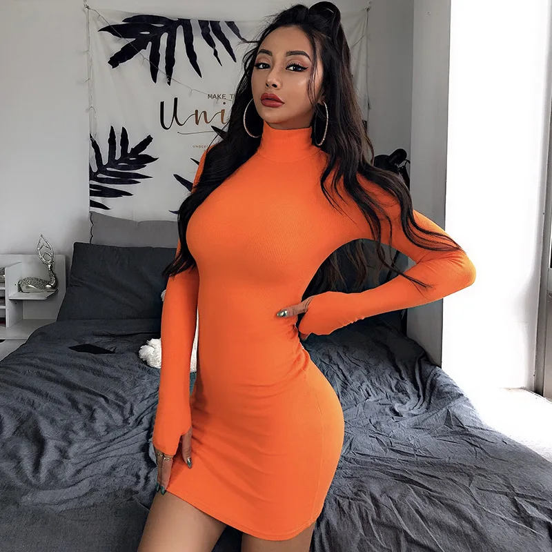 

On Trendy High Neck Slim Winter Knitted Mini Dress, As shown