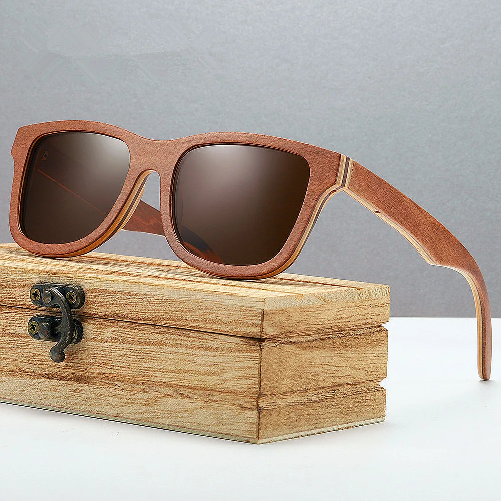 Wholesale Custom Polarized Wood Sunglasses Layered Brown Skateboard Wooden Frame Square Sunglasses For Women Men